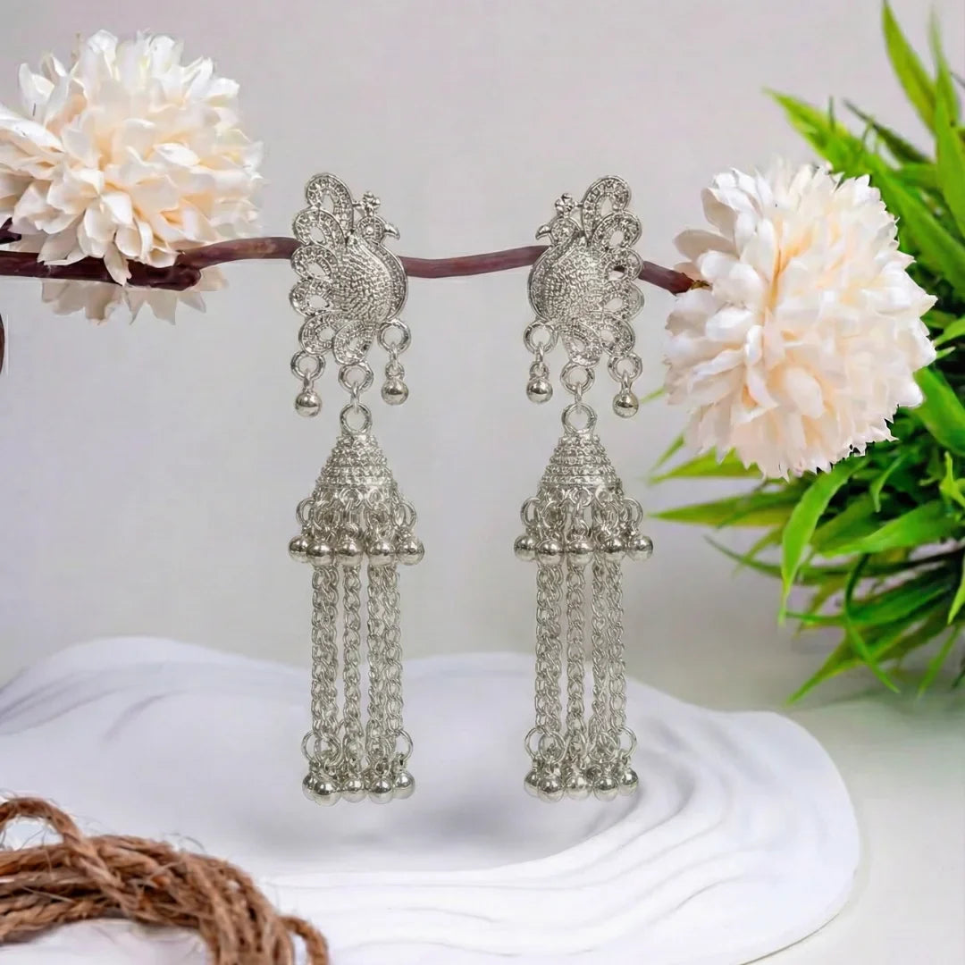 Royal Peacock Long Oxidised Silver Jhumka