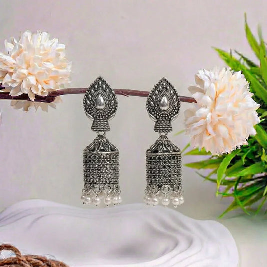 Floral Long Oxidised Tassel Jhumka Earrings