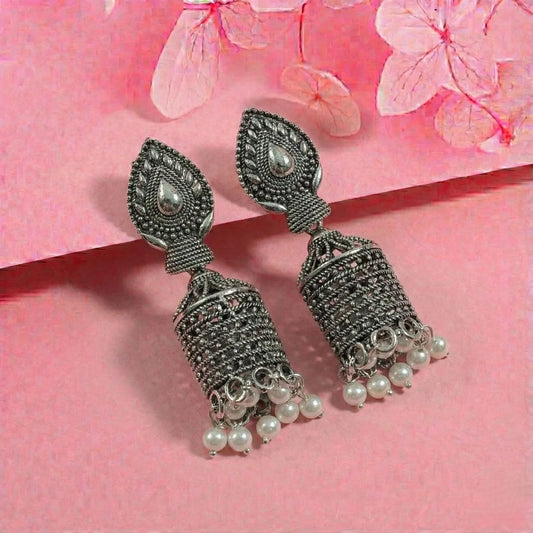 Floral Long Oxidised Tassel Jhumka Earrings