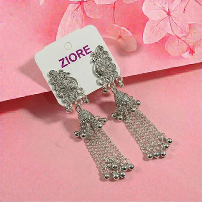 Royal Peacock Long Oxidised Silver Jhumka