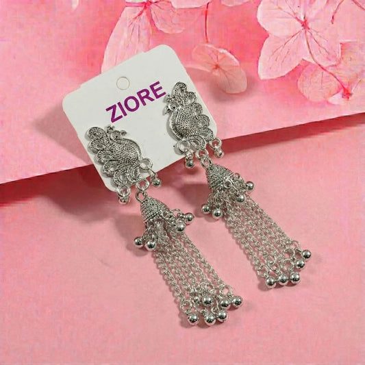 Royal Peacock Long Oxidised Silver Jhumka